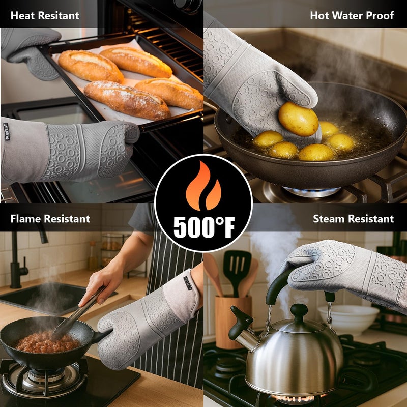 Rorecay 6pcs Oven Mitts and Pot Holders Sets for Kitchen, Extra Long Silicone Oven Gloves High Heat Resistant 500 Degrees Non-Slip Potholders Hot Pads for Baking Cooking, Grey - Image 2